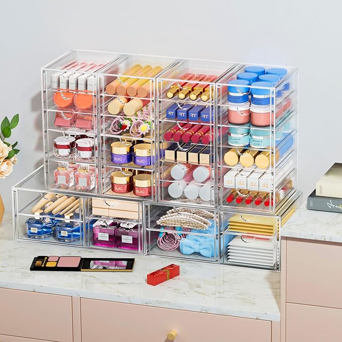 caktraie 2 Pack Desk Organizers, Makeup Organizer Storage with 7 Drawers, Desktop Office Supplies, Clear Desk Accessories, Dustproof Drawer Organizer and Storage for Make Up, Jewelry, Pen