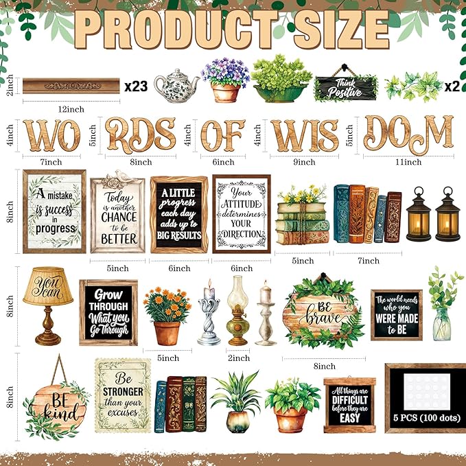 Mooliwe 57 Pcs Vintage Plant Bulletin Board Set Inspirational Greenery Classroom Decoration Potted Plant Flower Cutout for School Office Chalkboard Door Wall Decor
