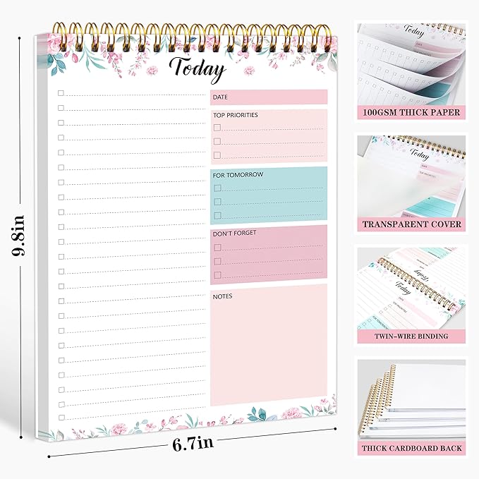 To Do List Notepad - Daily Planner Notepad 104 Pages Task Planner, 6.7" x 9.8" Double Sided Spiral Notebook with Checklist Productivity Planning Pad for Work Office Home-Pink