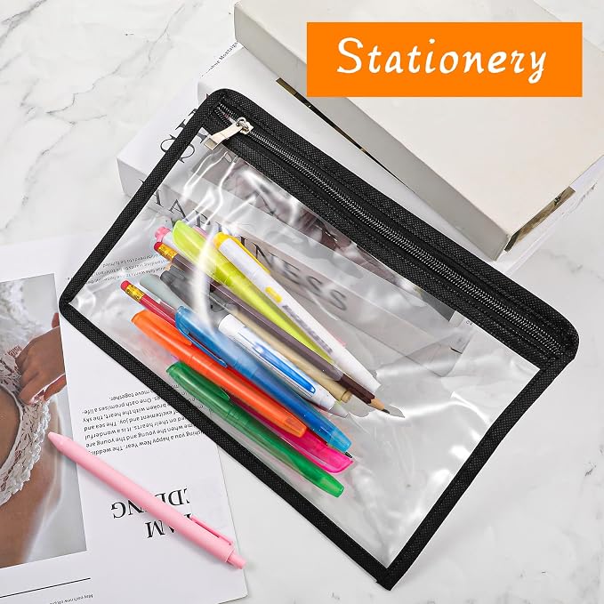 20 Pcs Large Clear Zipper Pouches Pencil Pouches PVC Makeup Pouch Envelopes Folder Storage Multi Purpose Pouch Document File Organization Bags, Office Supplies (Black Edging, 11.4 x 7.5 Inches)