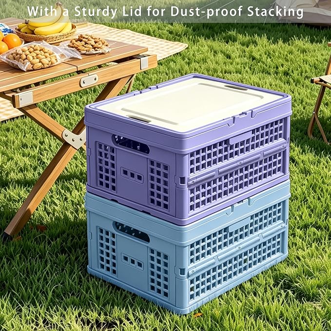 Collapsible Storage Crate with Lid, Folding Crates Bins, Stackable Plastic Storage Baskets with Handle for Home Organization, Office, Picnic, Camping, Groceries, Car Trunk(13.6x9.6x7.28 Inch, Purple)