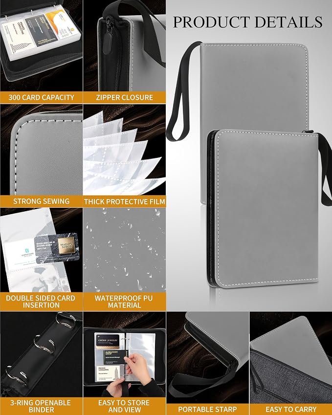 Leather Business Card Book Holder Organizer, Professional Name Card Book Holder with 300 Card Capacity, Portable PU Credit Card Binder File Sleeve Storage for Men Women,50 Pack Sleeves Zipper Closure