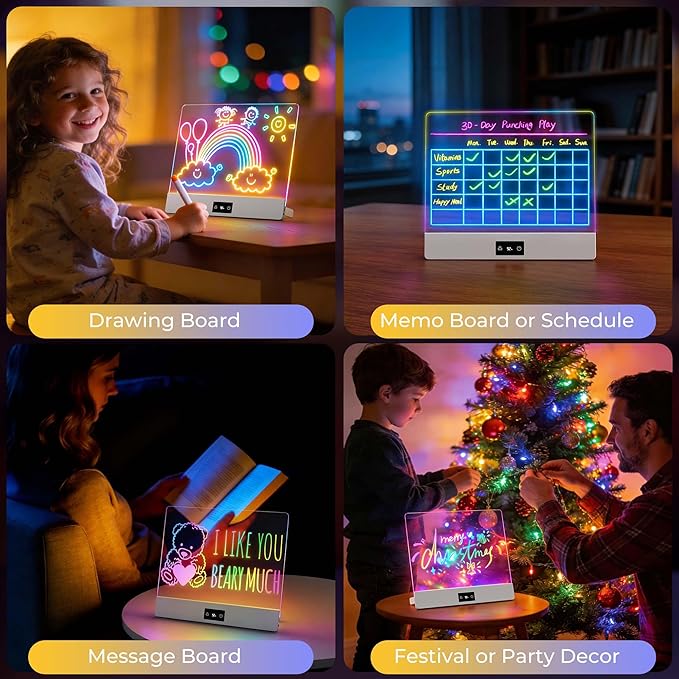 Bawaslom Rechargeable Doodle Glow LED Drawing Board for Kids,11.8"×10.3" Magic Neon Light Up Drawing Tablet,8 Colors & 4 Modes,Built-in Stand Note Board,Creative Toys Gifts for Girls & Boys,White