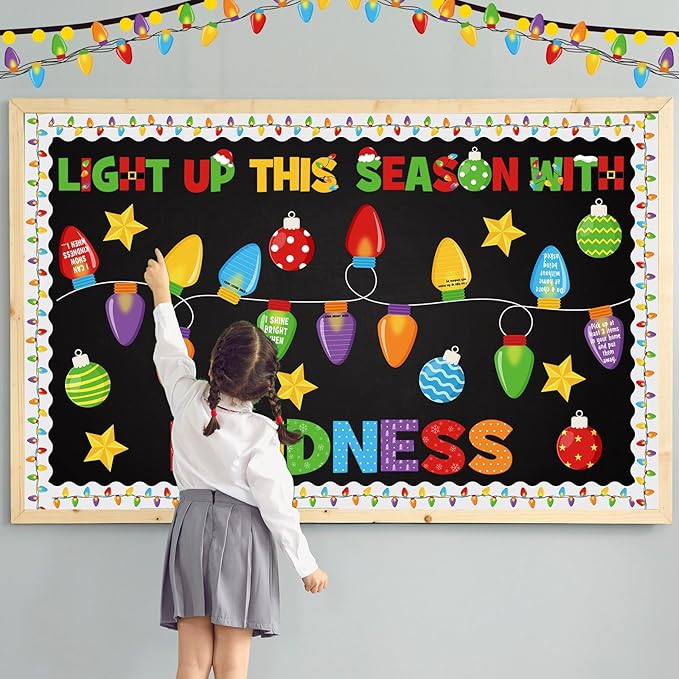 86 Pcs Christmas Bulletin Board Decorations with Light Bulb Borders Xmas Kindness Bulletin Board Set Xmas Winter Colorful Light Bulb Cutouts for Classroom Decoration School Home Holiday