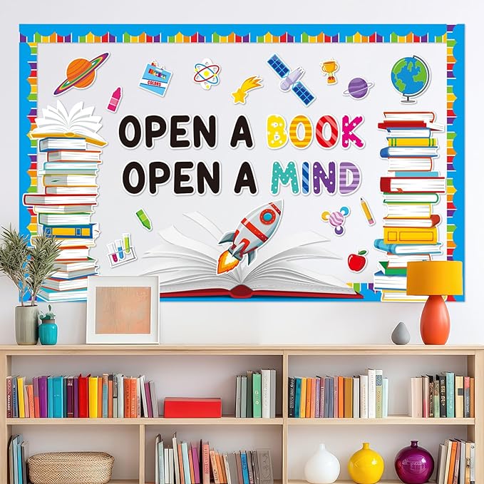 Reading Bulletin Board Set Open A Book Open A Mind Classroom Bulletin Board Decorations Books Paper Cutouts for Back to School Reading Day Classroom Library Office Home Wall Door Supplies