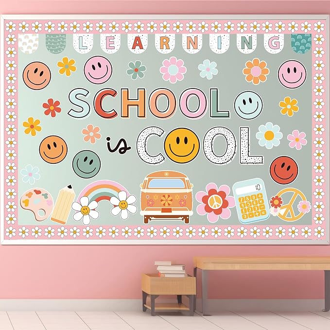 JarThenaAMCS 73 Pcs Retro Groovy Bulletin Board Decoration Set Boho Smile Flower Theme School is Cool Paper Cutouts with 200 Pcs Glue Points for Back to School Home Party Classroom Wall Door Decor