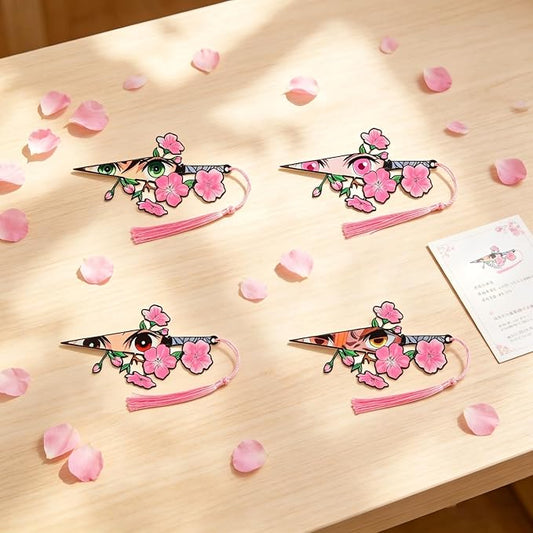 4-Piece Demon Slayer Metal Bookmark Set, Tanjiro Nezuko Zenitsu Hashira Themed Sword Book Marks with Cherry Blossom & Tassel, Cool Anime Eye Bookmarks Gift for Anime Fans, Book Lovers(4pc)