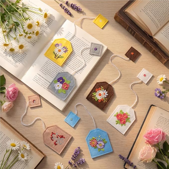 Honoson 6 Pcs Simple Tea Bag Bookmarks Tea Party Favors Floral Design Mother's Day Gift Bookmarks Cute Hand Embroidered for Women Mom Book Reading Lovers Spring Party Gift