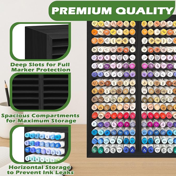 PROLEE Marker Organizer for 224 Markers,Wooden Marker Holder with 32 Slots, Pens Pencils Art Supply Alcohol Markers Storage Organizer for Desk Home Classroom Office Decor(Black,15“x11”x5.2 “)