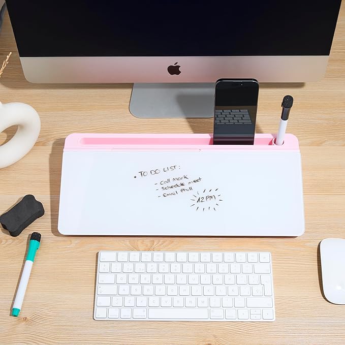 GAROOD Desktop Dry Erase Board with Storage (Pink Base) Desk White Board Desk Board Glass Desktop White Board with Stand Home Office Organizer Phone Holder 15.8X7X2 inches
