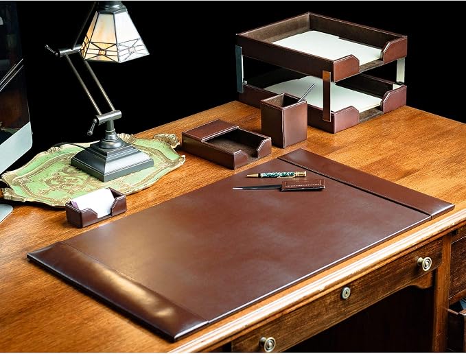 DACASSO Bonded Leather Desk Set - Luxury Leather Desk Pad & Desk Organization Essentials - Office Organization & Executive Desk Decor - (Dark Brown, 8 Piece)