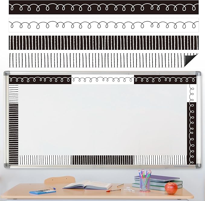 Magnetic Bulletin Board Borders - 24pcs Black White Border Decoration Set for Classroom, Back to School Bulletin Board Trim Frame Decor for Chalkboard Blackboard Teacher Office Supplies