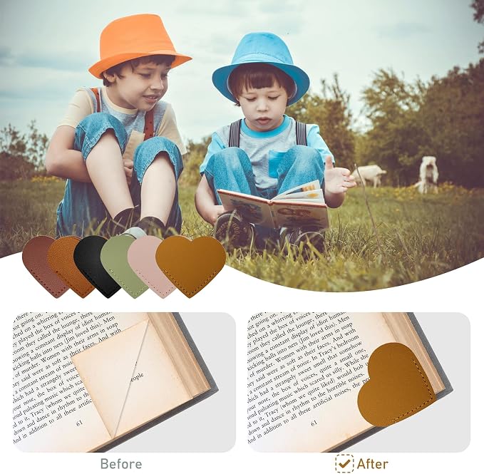 2 Pcs Leather Heart Bookmarks, Reading Accessories, Book Marks for Women Teacher Students Book Reading Lovers (Reddish Brown)