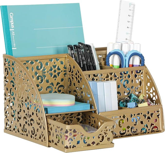 EasyPAG Desk Organizer and Pen Holder for Desk, Mesh Office Supplies Storage Caddy with Drawer for Small Space, Desktop Organizer for Home Office, Gold