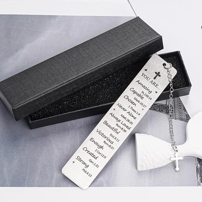 Christian Bookmark for Women - Metal Bible Book Marks with Scripture Verse and Cross Charm, Religious Faith Bookmarks Present for Baptism Christmas Birthday
