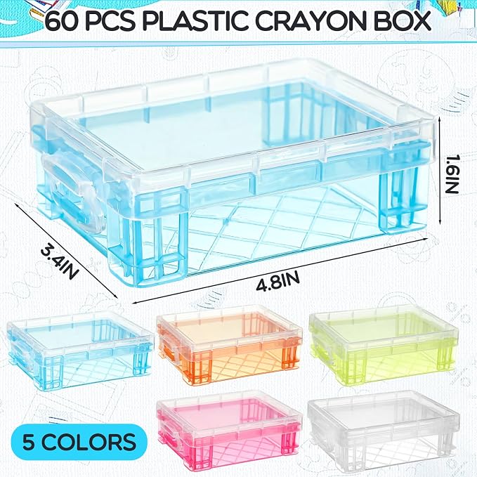 Suzile 60 Pcs Plastic Crayon Boxes with Snap Lids Clear Crayon Organizers and Storage Container, Bulk Stackable Pen Pencil Case for Art Crafts Classroom Office(Multicolor)