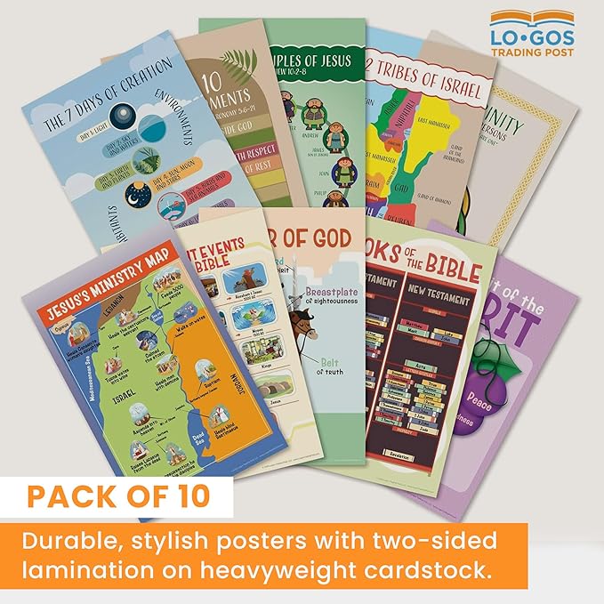 Bible Posters For Kids - 10 Pack, 11"x17" Assorted Laminated Sunday School Posters For Christian Classroom Decor, Sunday School Decorations For Classroom & Church Nursery Decor