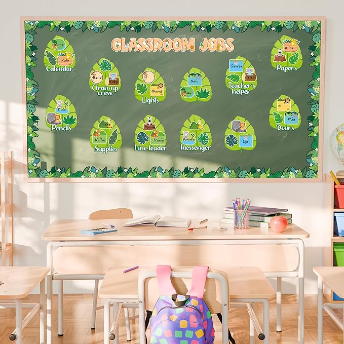 BeYumi Classroom Jobs Bulletin Board - 76Pcs Back to School Jungle Animal Class Jobs Bulletin Board Decoration Set Palm Tree Leaf Paper Cutouts Teacher's Helper Chalkboard Wall Decor for Kids Students