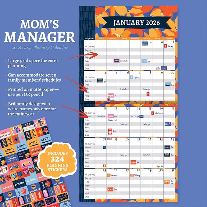 TF Publishing 2026 Mom's Manager Wall Calendar - Large Grids for Appointments and Scheduling - Vertical Monthly Wall Calendar 2026 with Premium Matte Paper for Home and Office Organization - 12x12in