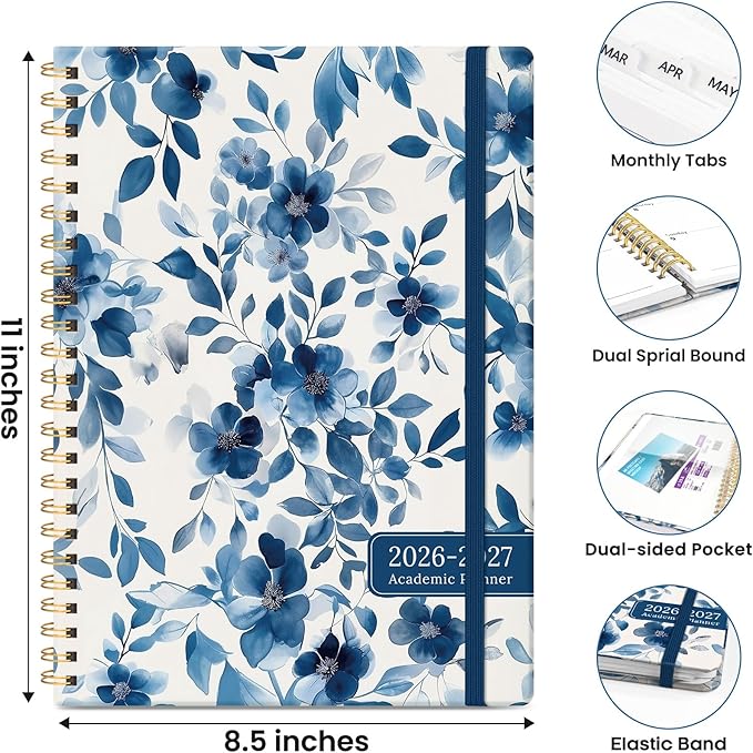 Planner 2026-2027, Monthly and Weekly Academic Planner July 2026 - June 2027, Hardcover Student Teacher Planning Agenda Calendar Book with Tabs, Perfect for Office School Supplies, A4 (8.5" x 11") - Watercolor Petal