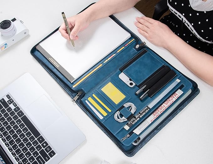 Free Engraved Name, Personalized Portfolio, PU Leather Resume Zippered Padfolio, Business Document Organizer Folder with A4 Notepad Holder, Custom Printing Gift for Woman/Men, Customized(Dark Blue)