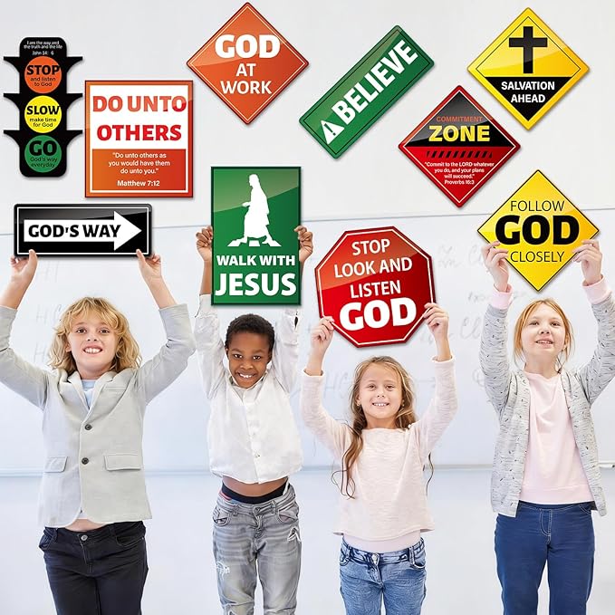 20 PCS Christian Road Signs VBS Decorations Religious Bulletin Board Set Christian Construction Sign Paper Cutouts Jesus Bible Verse Wall Decor for Sunday School Classroom Church