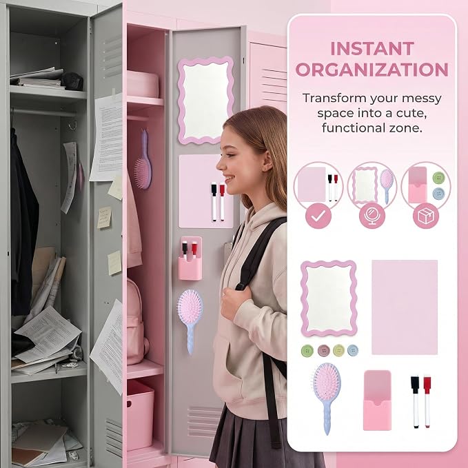 Pink Magnetic Locker Accessories Set (10 Pcs) – Shatter-Resistant Mirror, Whiteboard, Pen Holder, Comb, Markers & Magnet Clips – Cute Organizer for School, Gym, Work Locker Essentials for Girls Teens