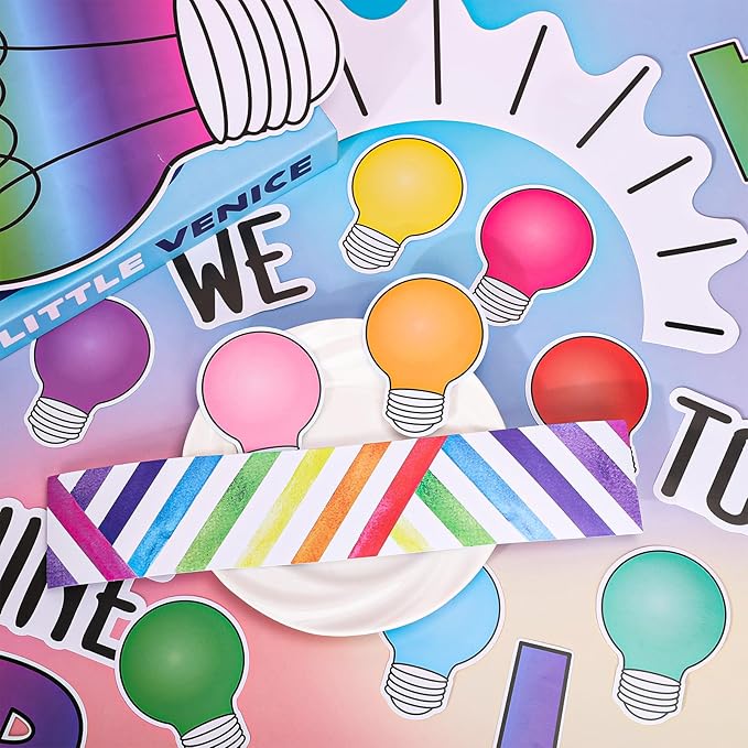 FYSUIMU 64Pcs Back to School Bulletin Board Kit Colorful Light Bulb We Shine Bright Together Paper Cutouts with 60Pcs Glue Points for First Day of School Party Classroom Wall Decor