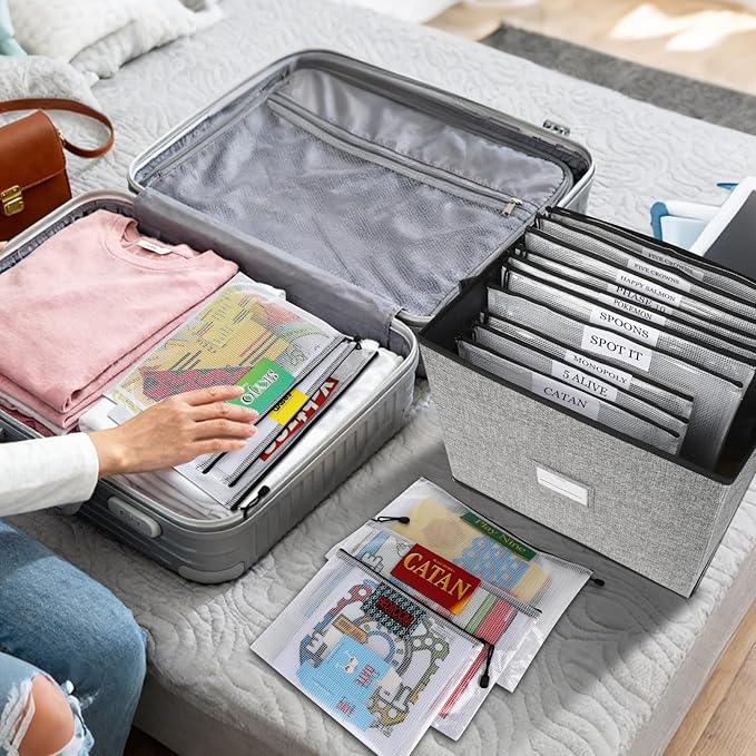 Board Game Storage Box, Board Game Organizer Box with 12pcs Zipper Bags and Writable Stickers, Game Storage Containers with Lid for Office Supplies, Puzzles, Craft Product