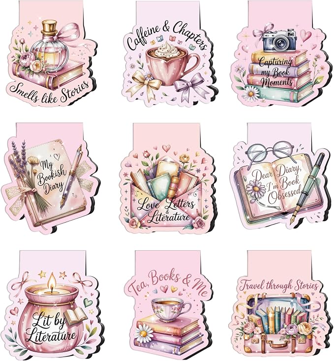 Wxiben Romance Magnetic Bookmarks Gifts - 18 Pcs Book Lovers Magnet Book Page Markers for Women Pink Floral Bookmark Clips Accessories Gift for Home Students Teacher School Reading Office Supplies