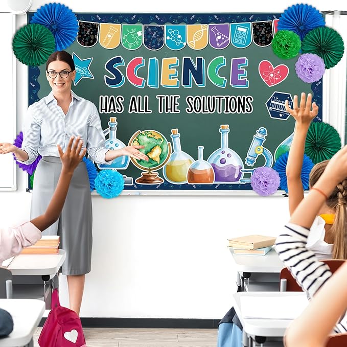 Science Bulletin Board Decorations Set with 3D Tissue Paper Flower Paper Fan Science Classroom Bulletin Board Border Scientist Laboratory Cutouts for Back to School Chalkboard Teacher Supplies