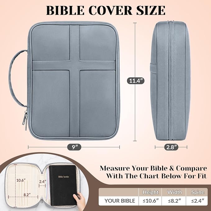 XKDOUS Large Bible Cover, Bible Bag with Handle, Durable Cross Design Bible Case with Bible Accessories, Bible Cover Case for Women and Men, Christian Gift (Gray)
