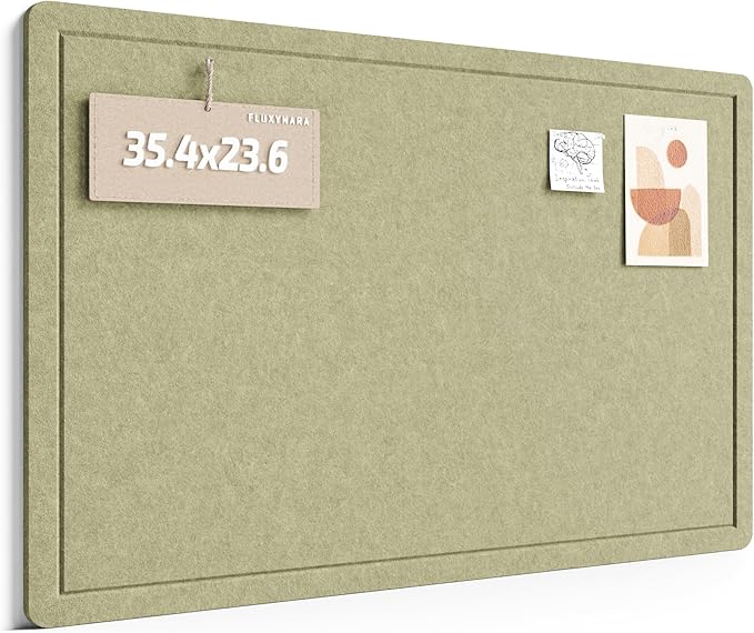 Fluxynara Bulletin Board,35.4" x 23.6" Cork Board Alternative with 12 Safe Removable Adhesive Tabs, Foldable Felt Pin Board for Home Office, Classroom, Bedroom,Entryway for Walls— Olive Green