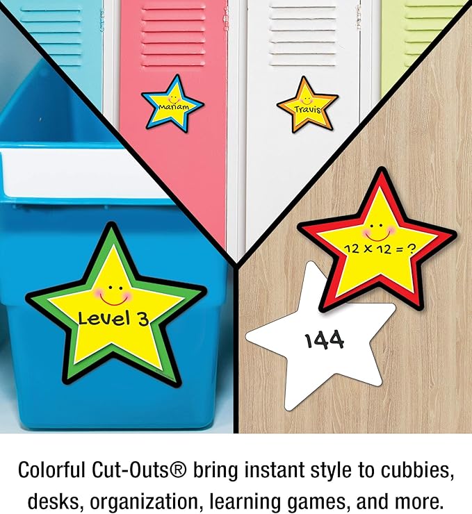 Carson Dellosa 36-Piece Yellow Stars Bulletin Board Cutouts, Yellow Stars with Smiley Faces Cutouts for Bulletin Board, Star Classroom Cutouts, Elementary Classroom Décor