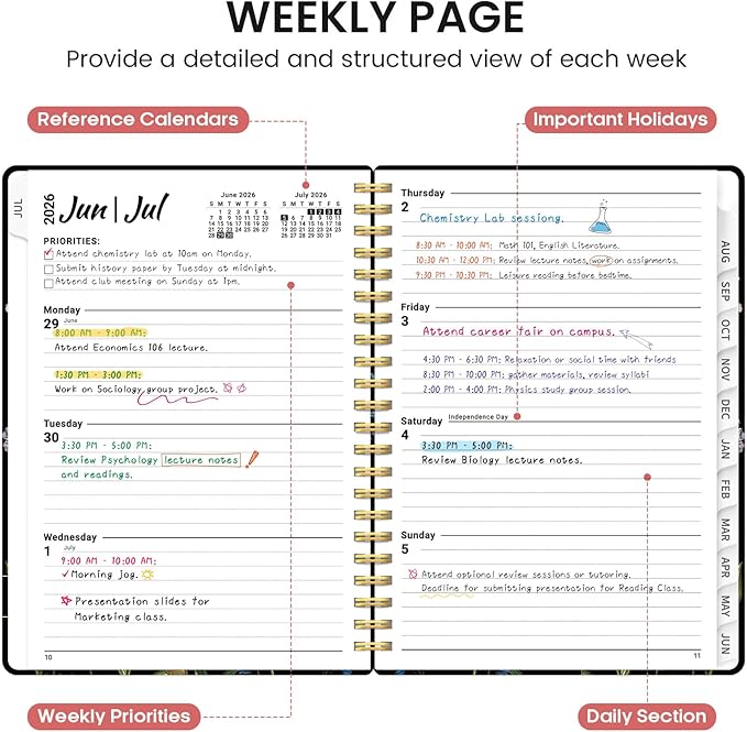 Planner 2026-2027, Academic Monthly and Weekly Calendar Planner for Women, July 2026 - June 2027, Hardcover Pretty Agenda Planner Book with Tabs, Spiral Daily Organizer for School Office Home Supplies, 6.3" x 8.5" - Peony Bloom