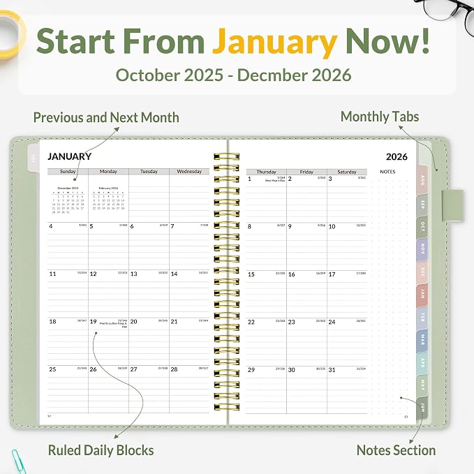 SUNEE 2026 Weekly & Monthly Planner 6.2"x8.5"- 12 Month (January 2026 - December 2026), Vegan Leather Cover, Pocket, Bookmark, Notes, Monthly Tab, Sage Green