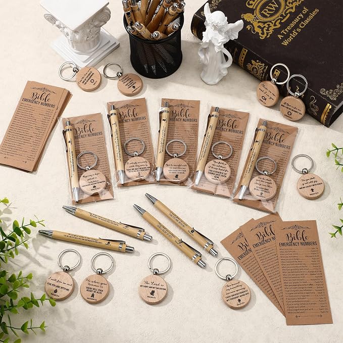 Feifeiya 25 Sets Father's Day Christian Gifts Bulk for Men Bible Verse Pens Keychains Emergency Number Bookmarks Religious Gift Party Favors for Father Pastor Church Baptism Sunday School(Wood Color)