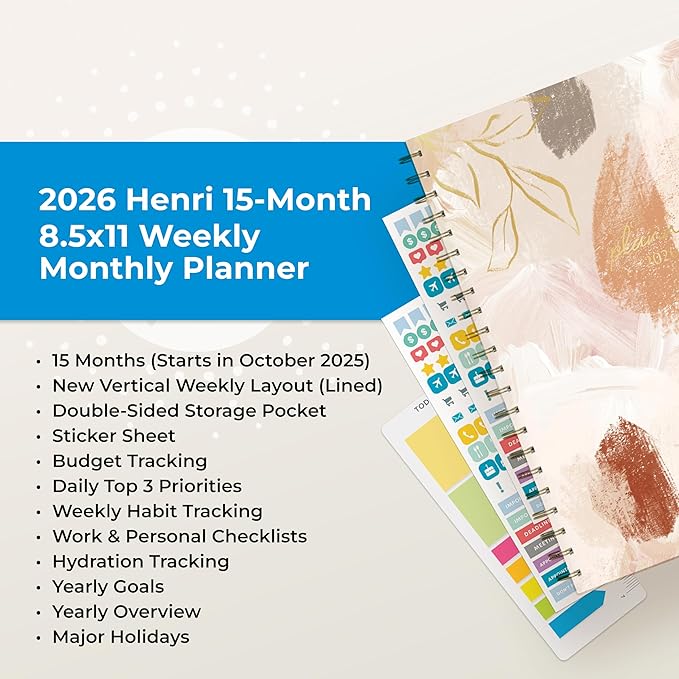 Blue Sky 15 Month 2026 Weekly and Monthly Planner Calendar, October 2025 - December 2026, 8.5" x 11", Hard Cover, Durable Twin Wire Binding, Laminated Tabs, Storage Pocket, Includes Ruler, Sticky Notes & Stickers, Henri