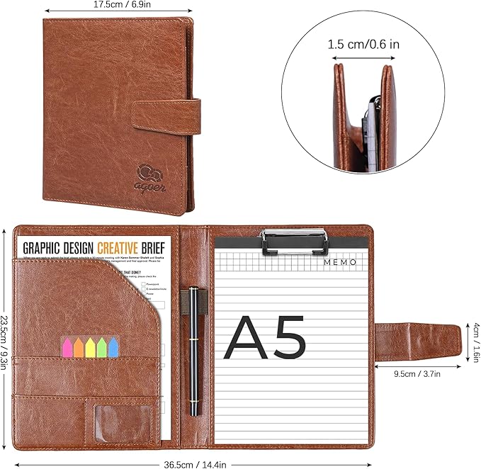 Agoer A5 Clipboard Folder Portfolio,Faux Leather Interview Resume Folder,Magnetic Padfolio with Papers,Sticky Tabs,Storage Clipboard for Cover for Legal Pad for Resume Office Conference,Red Brown
