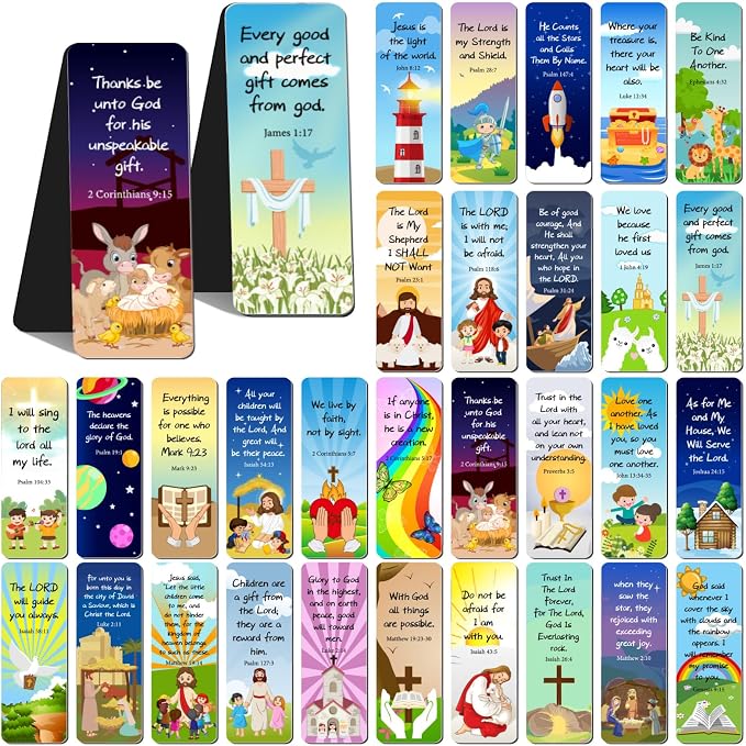 Chinco 30 Pcs Magnetic Bookmarks Christian Bookmarks Bulk Bible Verse Inspirational Scripture Page Clips for Women, Childrens, Kids, Teachers, Mothers Day, Church Supplies, School Gifts (Cartoon)