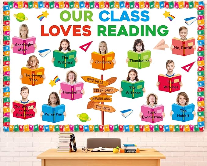 69Pcs Back to School Reading Bulletin Board Set Classroom Decorations Reading Theme Bulletin Board Open Book Cutouts DIY Photo Crafts for School Classroom Educational Door Chalkboard Walls Decor