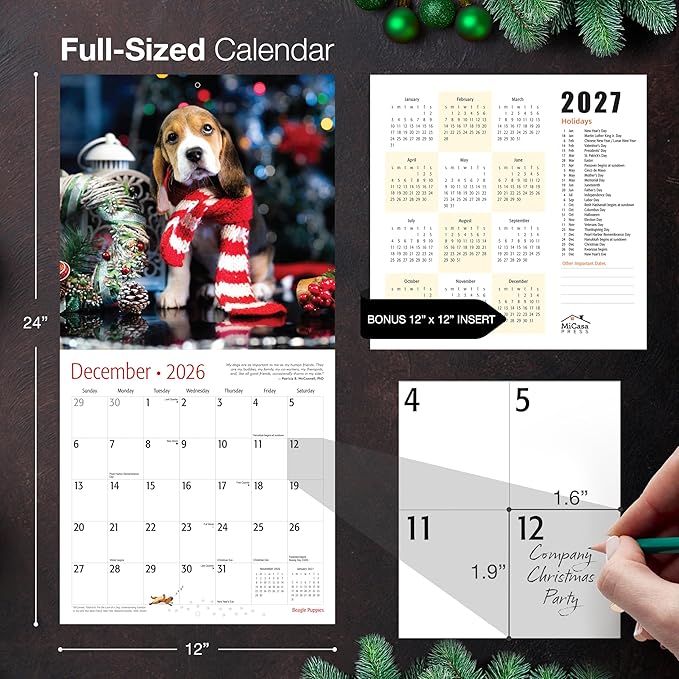 MICASA PRESS Beagle Puppies 2026 Wall Calendar 12 Month | 12" x 24" Open | Thick & Sturdy Paper | Giftable | Cute Puppy Dog Calendar 2026