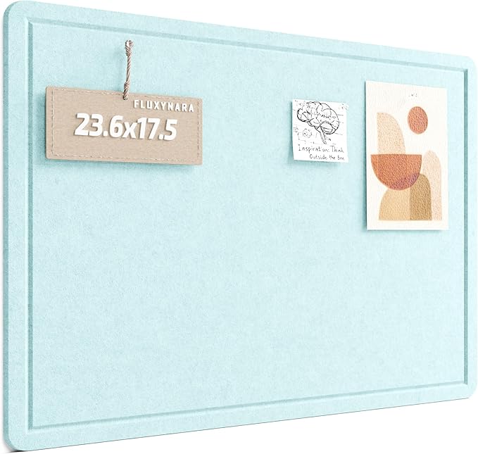 Fluxynara Bulletin Board, 23.6" x 17.5" Cork Board Alternative with 12 Safe Removable Adhesive Tabs, Foldable Felt Pin Board for Home Office, Classroom, Bedroom,Entryway for Walls—Aqua Blue