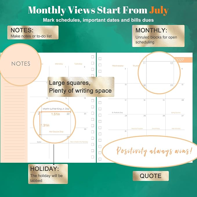 CAGIE 18 Month Planner July 2026 - December 2027, Academic Year Weekly & Monthly Planner with Tabs, 8.3 x 9.3 Floral Hardcover Organizer with 100GSM Thick Paper and Elastic Band for Women School Office