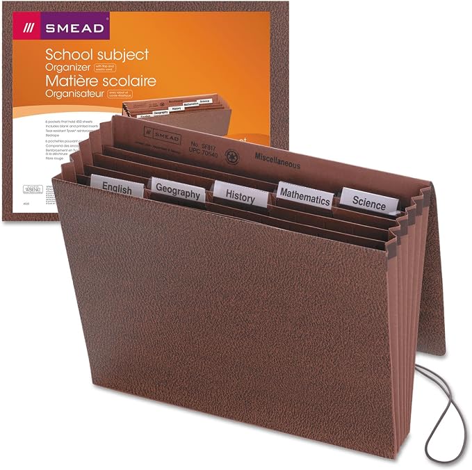 Smead School Subject File Organizer, Flap and Elastic Cord Closure, 6 Pockets, Letter Size, Redrope (70540)