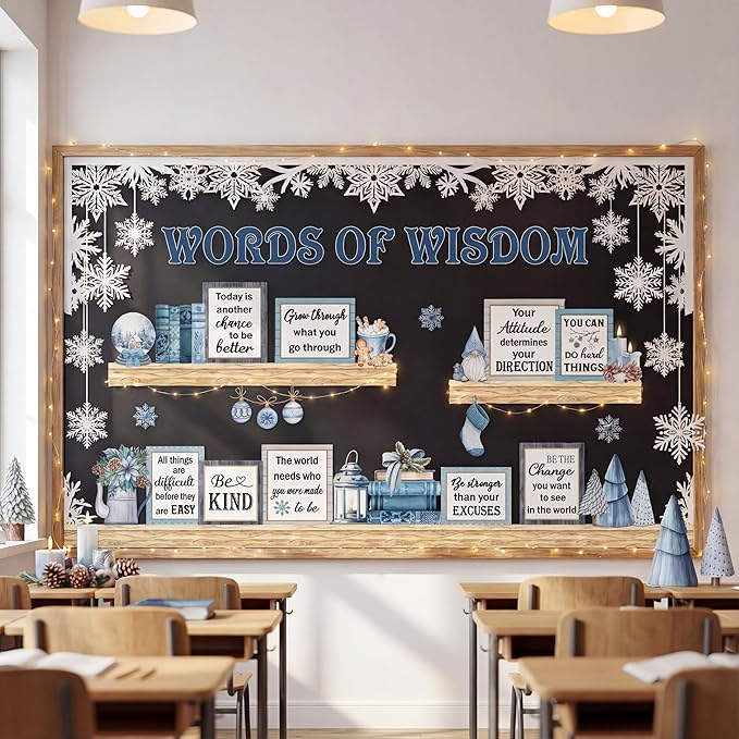 Qilery Winter Bulletin Board Decorations Set – Inspirational Quotes Posters, Seasonal Classroom Wall Decor, Holiday Bulletin Board Kit with Snowflake Lantern Cutouts for Teachers Office Library Home