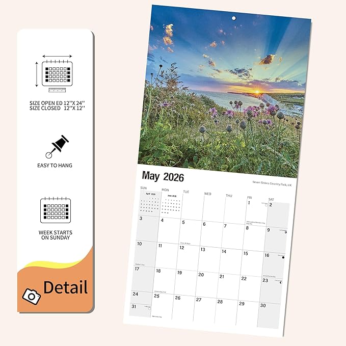 Wall Calendar 2026 Planner Calendar - Sunrise Hangable Monthly Wall Calendar with Large Blocks for Organizing & Planning, Academic Schedule, Home, Office & family, Thick & Sturdy Paper (12"x24" Open)