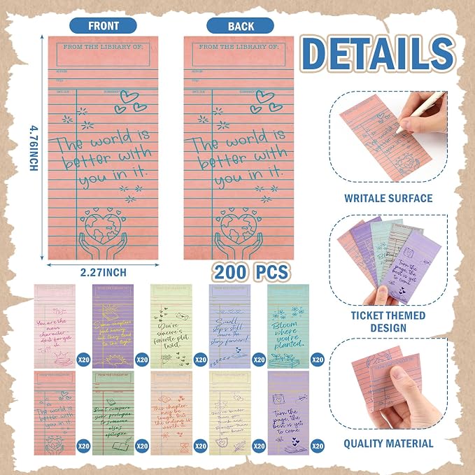 Gersoniel 200 Pcs Vintage Library Paper Bookmarks Motivational Quotes Aesthetic Bookmarks Bulk Library Card Paper Bookmark Forfor Women Girls Students Book Lovers School Reading Bookish Gift