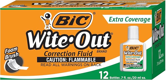 BIC Wite-Out Brand Extra Coverage Correction Fluid, 20 ml, White, 12-Count