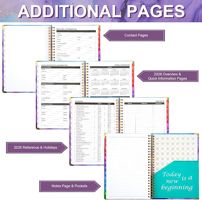 2026 Planner, Daily Weekly Monthly Planner with Tabs, 2026 monthly planner with Color Pen, Sticky Notes and Stickers, 6.2" x 8.5", Durable Twin Wire Binding, Storage Pocket - Purple Marble